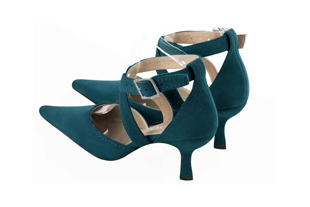 Women's peacock blue open side dress shoes, with crossed straps. Pointed toe. High spool heels - Rear view